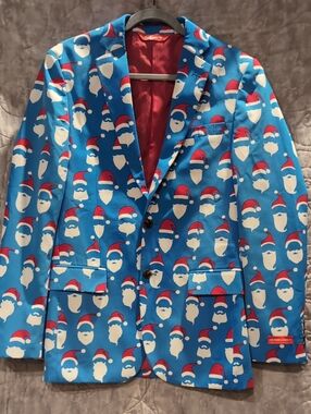 Shinesty Festive Blue Santa Print Blazer